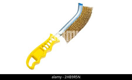 Hand brush for grinding metal. Metal wire brush isolated on white background copy space Stock Photo