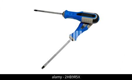 Screwdrivers isolated on white background copy space. Metal screwdrivers with blue plastic handles Stock Photo