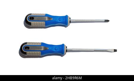 Screwdrivers isolated on white background copy space. Metal screwdrivers with blue plastic handles Stock Photo