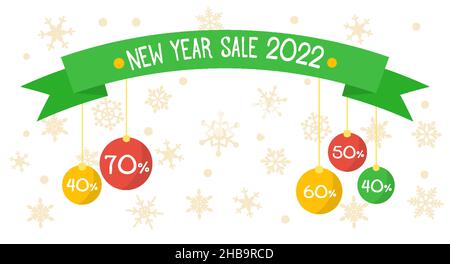 Horizontal winter sale banner Happy New Year inscription, text on a ribbon with balls with percent and discounts. For retail and online stores, site header with snowflakes around. Vector illustration Stock Vector