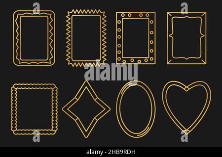 Frames photo set golden gradient silhouette linear rich luxury victorian style isolated on black background. Design flat different shape objects stickers for websites and postcard. Vector illustration Stock Vector