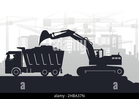 Background of buildings under construction with silhouettes of operators working with heavy machinery of excavators and trucks Stock Vector