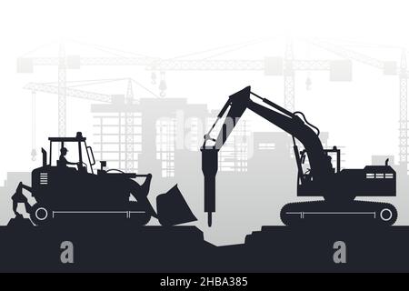 Background with silhouettes of heavy machinery with operator driving a crawler loader and a hammer excavator Stock Vector