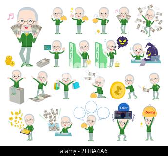 A set of Old man in a green jersey with concerning money and economy.It's vector art so easy to edit. Stock Vector