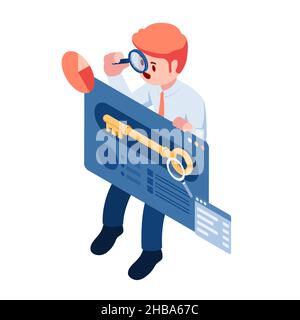 Flat 3d Isometric Businessman Holding Magnifying Glass with Search Engine Web Page. Keyword Research and Internet Information and Data Concept. Stock Vector