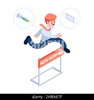 Flat 3d Isometric Businessman Jumping Over New Normal Obstacle. New Normal Life After Covid-19 Concept. Stock Vector