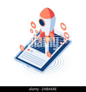 Flat 3d Isometric Rocket Flying Out From Social Media Post on Smartphone. Digital Marketing and Social Media Advertising Concept. Stock Vector