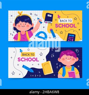 hand drawn back school vector design illustration horizontal banners set Stock Vector
