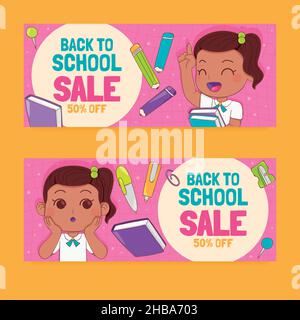 hand drawn back school vector design illustration horizontal sale banners set Stock Vector