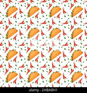 Seamless pattern with Mexican traditional taco food and hot peppers. Fast food print for restaurant, cafe and design on white background. Vector flat illustration Stock Vector
