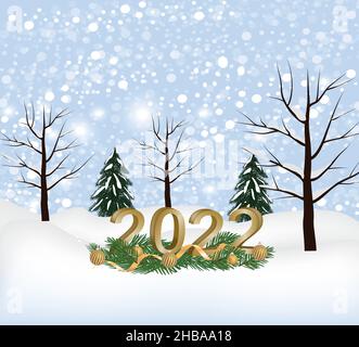 Winter snowing landscape with 2022 number. vector illustration Stock Vector
