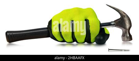 Hand with green and black protective work glove holding an old steel claw hammer with black rubber handle. Isolated on white background. Stock Photo