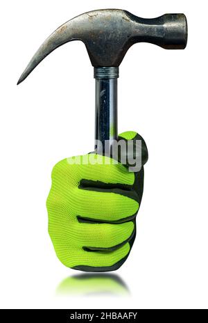 Hand with green and black protective work glove holding an old steel claw hammer. Isolated on white background with reflections. Stock Photo