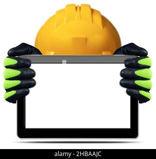 Construction worker with orange work helmet and hands with protective gloves, holding an empty digital tablet, isolated on white background. Stock Photo