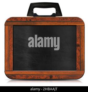 Old empty blackboard with wooden rectangular frame in the shape of a briefcase or suitcase with black handle, isolated on white background. Stock Photo