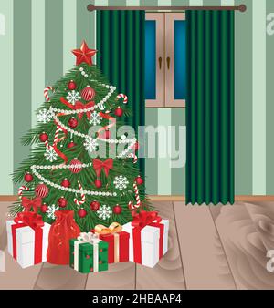 Christmas tree decorated with gift box, vector Stock Vector