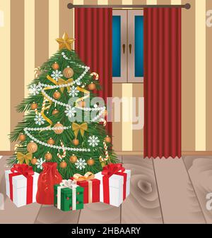 Christmas tree decorated with gift box, vector Stock Vector