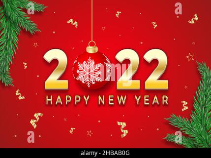 New Year 2022 Banner with Red Christmas Ball and Editable Gold Text Effect Stock Vector