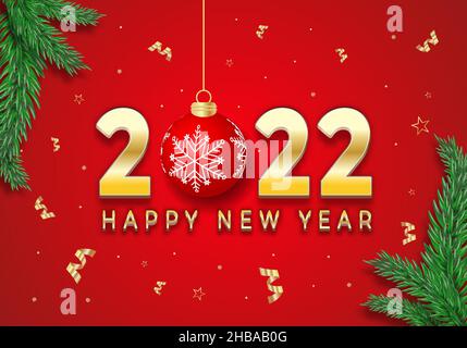 New Year 2022 Banner with Red Christmas Ball and Editable Gold Text Effect Stock Vector