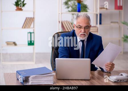 Old businessman employee working at workplace Stock Photo