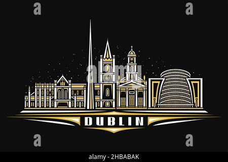Vector illustration of Dublin, black horizontal poster with linear design famous dublin city scape on dusk sky background, european urban line art con Stock Vector
