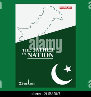 Father of nation Quaid e Azam Day Celebration with English Typography and Pakistan map Founder of Pakistan Stock Vector