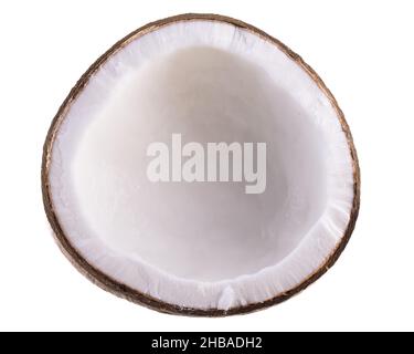 real edible food and drink: top view of half coconut isolated on white background Stock Photo