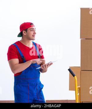 The contractor worker moving boxes during office move Stock Photo
