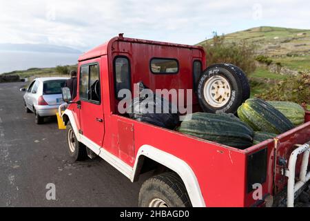 Pick up truck with large pumpkins in the trunk on the road in landscape with agriculture fields at Corvo island, Azores, Portugal Stock Photo