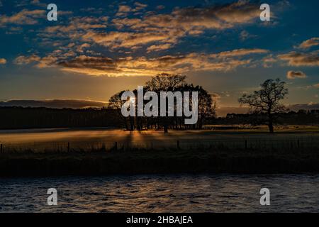 Sun setting behind some trees on the banks of the river Eamont with fog forming on the ground Stock Photo