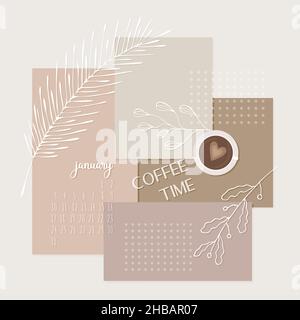 Coffee time collage abstraction calendar January 2022 space for notes, banner, poster, doodle twigs. Beige pastel colors. Vector illustration Stock Vector