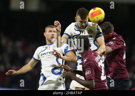 InterÕs Croatian midfielder Ivan Perisic scores against salernitana during the Serie A football match between Salernitana and Inter  at the Arechi Stadium in Salerno, southern Italy, on September 18, 2021. Stock Photo