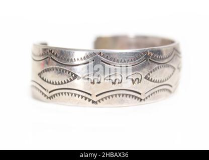 Vintage Native American Sterling Silver Bracelet on White Background Stock Photo