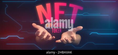 NFT Non-fungible token. Digital crypto technology. Concept of cryptoart background banner photo Stock Photo