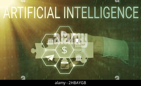 Conceptual caption Artificial Intelligence. Business concept Machine copy Cognitive function like Problem Solving Hand Holding Jigsaw Puzzle Piece Stock Photo