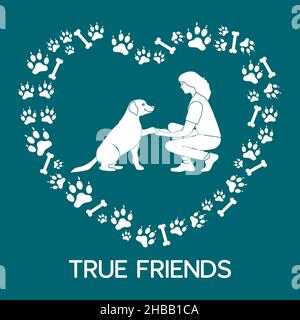 Vector illustration Woman and labrador playing together Dog gives paw on background of dog tracks, bones in the shape of heart Owner teaching pet comm Stock Vector