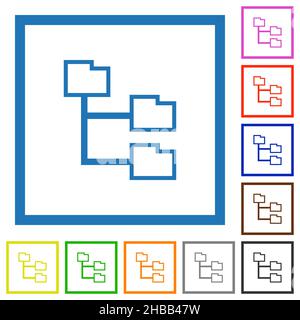 Folder structure outline flat color icons in square frames on white background Stock Vector