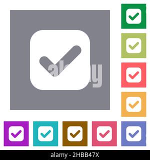 Checkbox solid flat icons on simple color square backgrounds Stock Vector