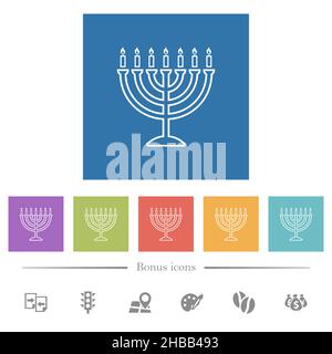 Menorah with burning candles outline flat white icons in square backgrounds. 6 bonus icons included. Stock Vector
