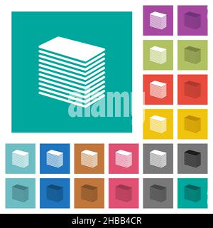 Paper stack solid multi colored flat icons on plain square backgrounds. Included white and darker icon variations for hover or active effects. Stock Vector