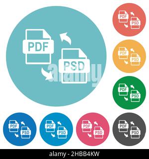 PDF PSD file conversion flat color icons in round outlines on white ...