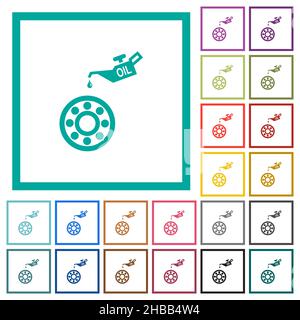 Oiler can and bearings flat color icons with quadrant frames on white background Stock Vector