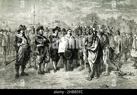 This 1890 illustration shows 'Baronet (Joseph Brant) in consultaiton with Mohawks.' Thayendanegea or Joseph Brant was a Mohawk military and political leader, based in present-day New York, who was closely associated with Great Britain during and after the American Revolution. In 1775, after the battles at Lexington and Concord, the Six Nations met to discuss their role in the burgeoning War for independence. While many advocated for neutrality, almost prophetically, Brant predicted that independence for the colonists meant that the natives across the North American continent would lose their l Stock Photo