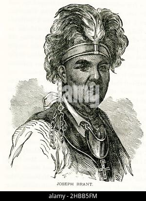 Thayendanegea or Joseph Brant was a Mohawk military and political leader, based in present-day New York, who was closely associated with Great Britain during and after the American Revolution. In 1775, after the battles at Lexington and Concord, the Six Nations met to discuss their role in the burgeoning War for independence. While many advocated for neutrality, almost prophetically, Brant predicted that independence for the colonists meant that the natives across the North American continent would lose their land. Brant’s argument, along with Sir William Johnson’s influence, succeeded in conv Stock Photo
