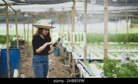 A teenage girl farmer uses a tablet app to control vegetable growing in greenhouse, smart farm. Stock Photo