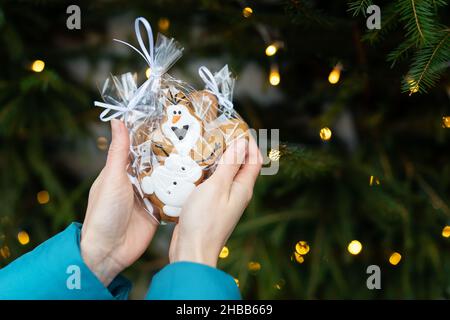 A Girl Holds Cookies On The Eve Of New Years And Christmas 2022-2023 On The Street Against The Background Of Garland Lights Stock Photo - Alamy