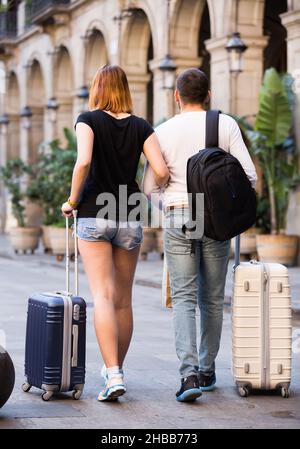 Couple man and woman going the historic city center Stock Photo