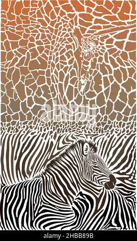 Giraffe and zebra with color background Stock Vector