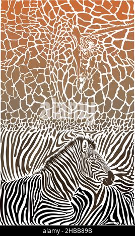 Giraffe and zebra with color background Stock Vector