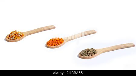 Corn kernels and red and green lentils in wooden spoon isolated on white background. Stock Photo